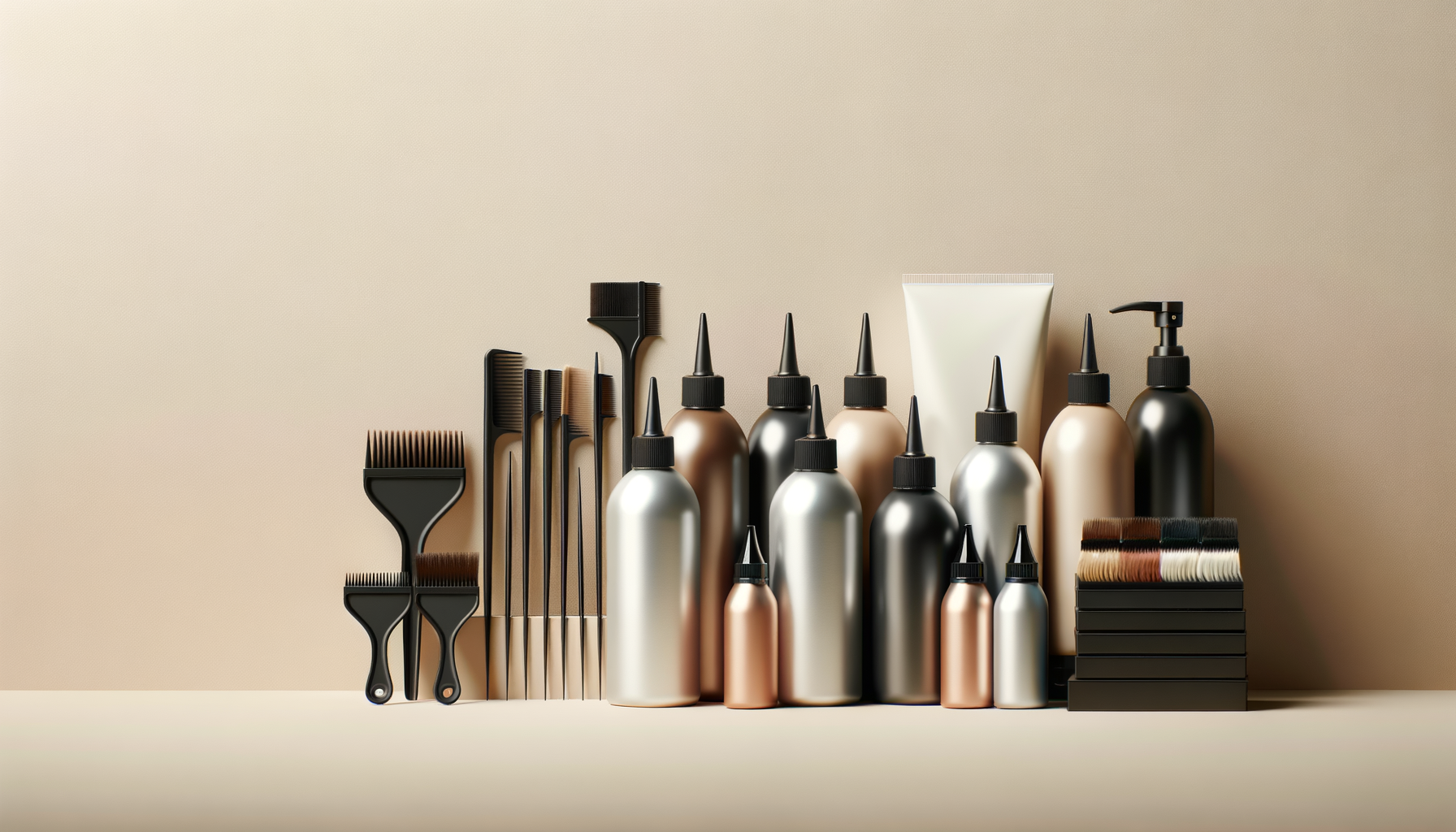 Collection of hair dye bottles, brushes, and tools arranged on a light-colored surface against a beige background.