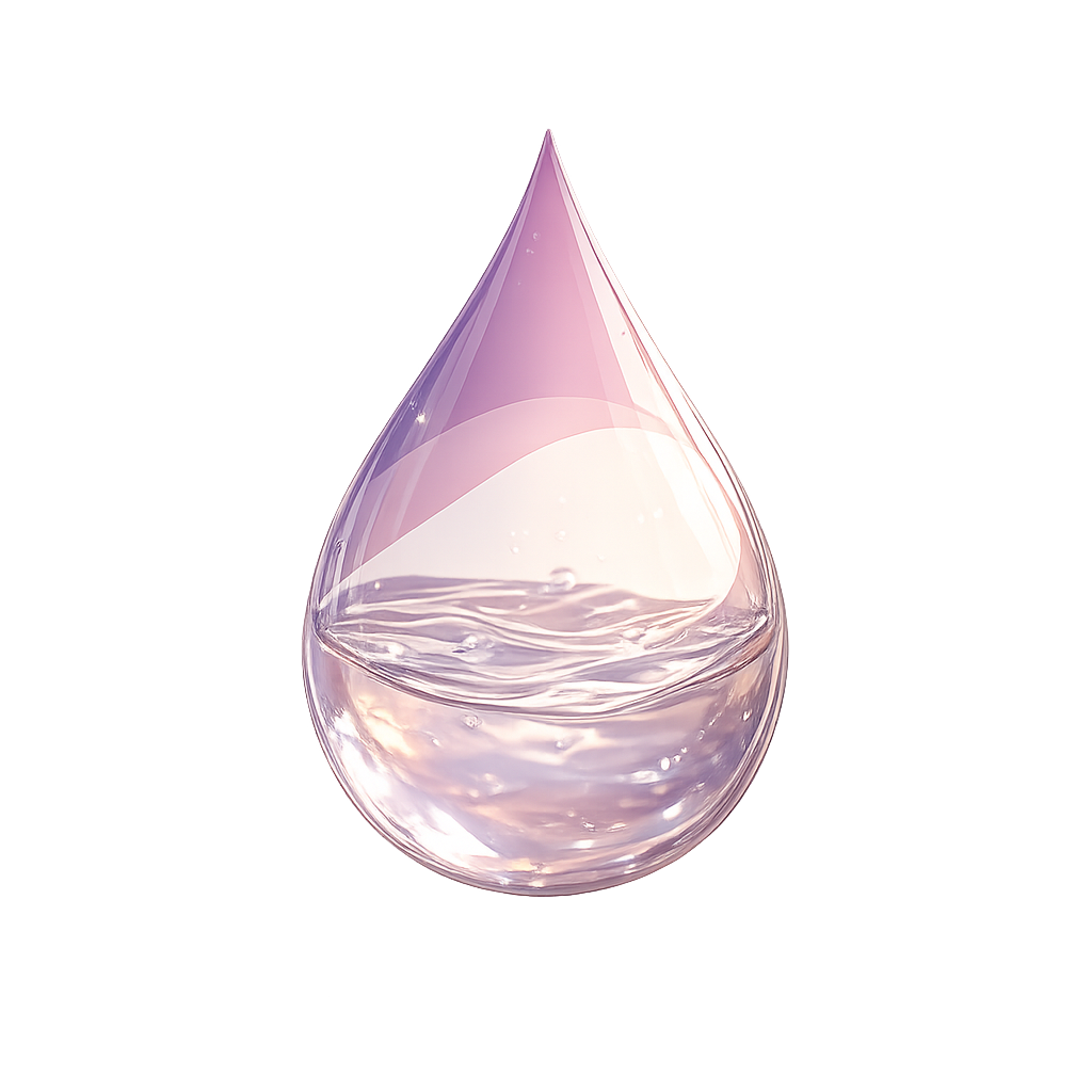 Close-up of a glass water drop with a pink tint, containing water with ripples.