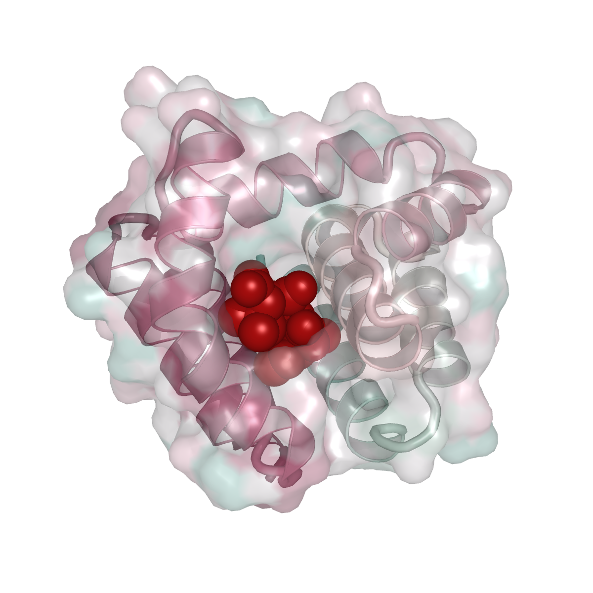 Molecular structure with gray and pink ribbons and red spheres representing a chemical compound.