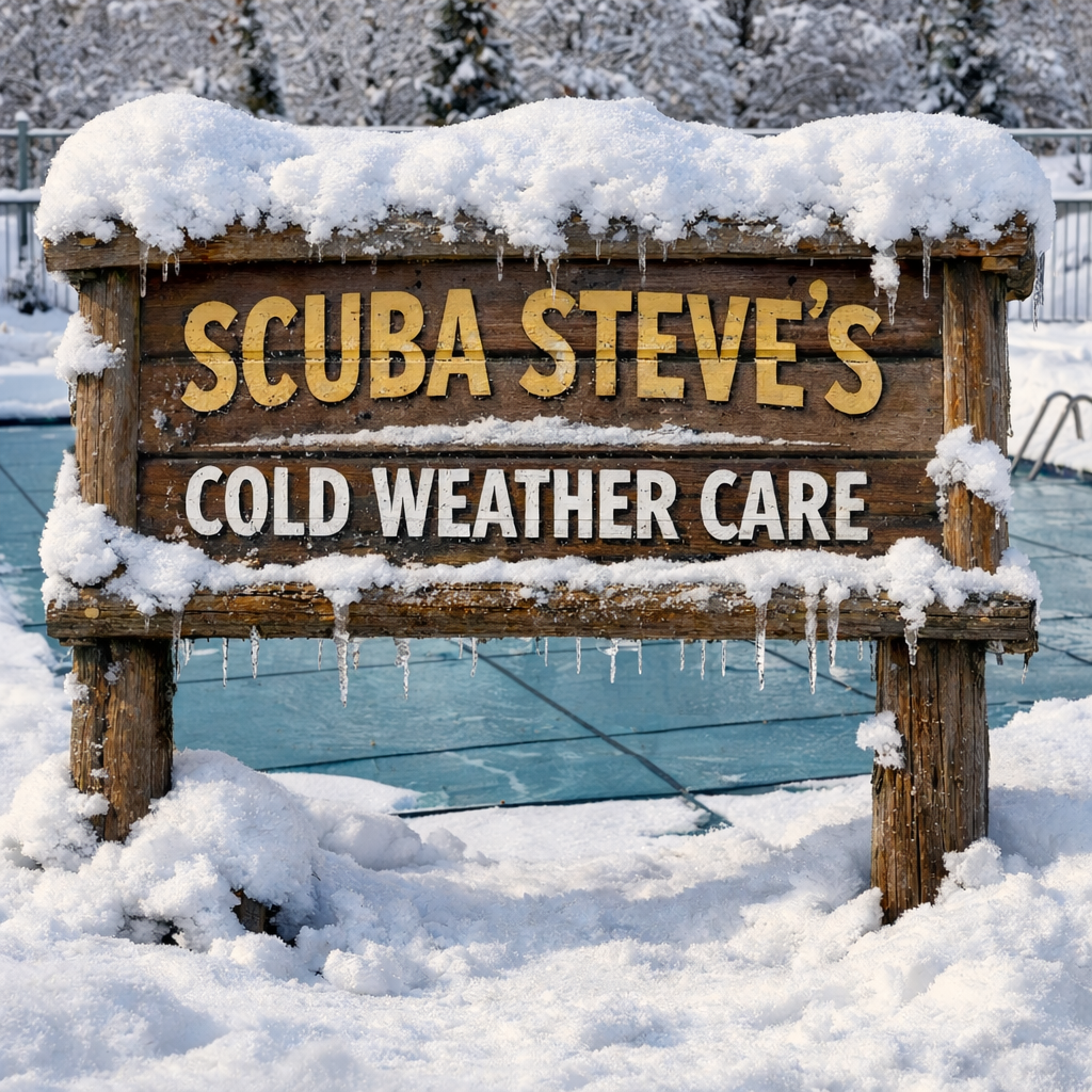 A wooden sign with yellow and white lettering reads 'SCUBA STEVE'S COLD WEATHER CARE' and is covered with snow and icicles, with snow-covered trees and a pool in the background.