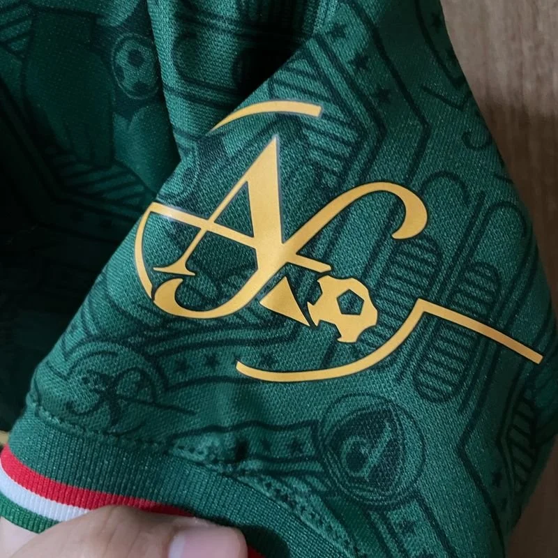 Close-up of a green fabric with a gold embroidery of a stylized logo, featuring a large 'A' and a smaller 'Q', with decorative patterns in the background and a red, white, and green striped trim at the sleeve.