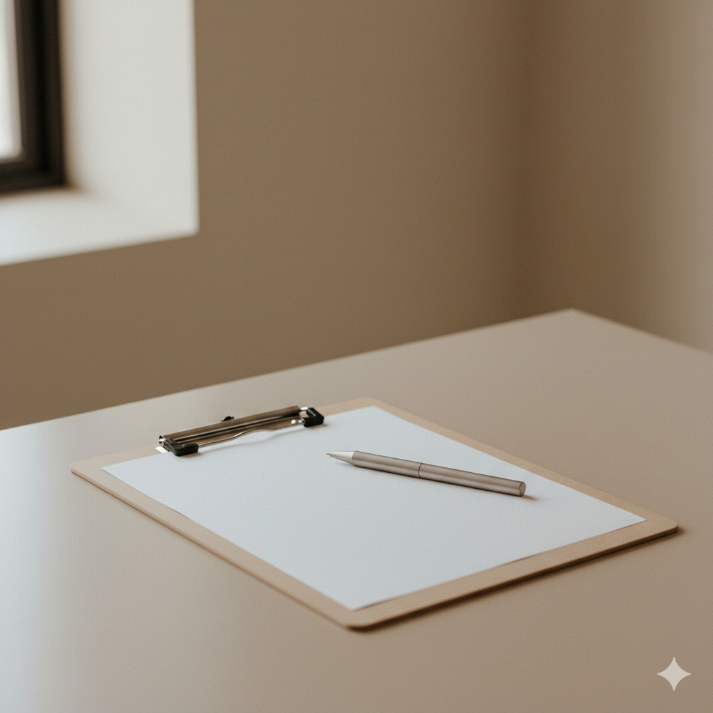A blank sheet of paper on a clipboard with a silver pen resting on it, placed on a white desk in a well-lit room near a window.