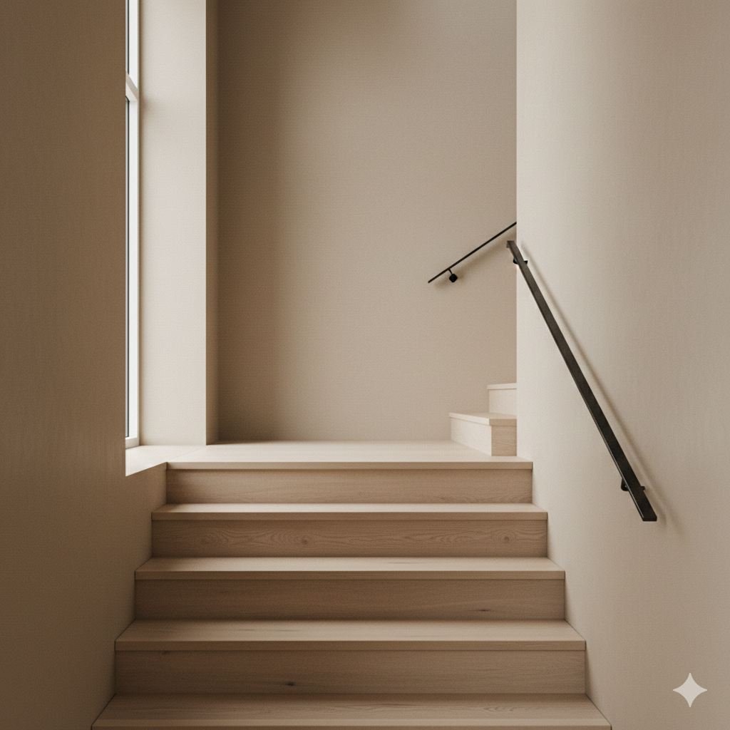 Wooden staircase with a black handrail, inside a modern, minimalistic building with beige walls and a large window on the left letting in natural light.
