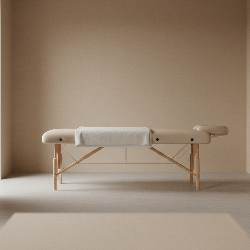 A massage table with a white towel draped over it, set against a plain beige wall in a minimalistic room.