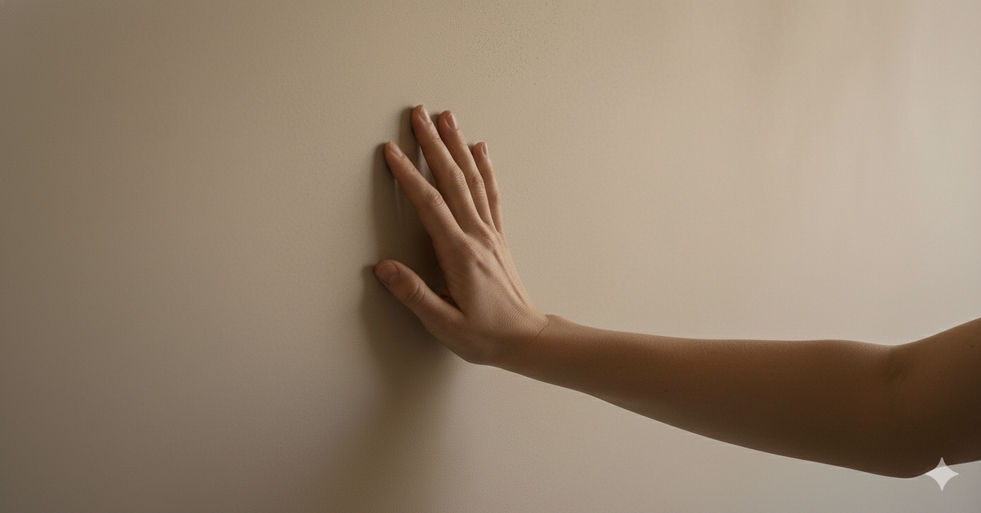 A hand with slender fingers and fair skin resting against a plain beige wall.