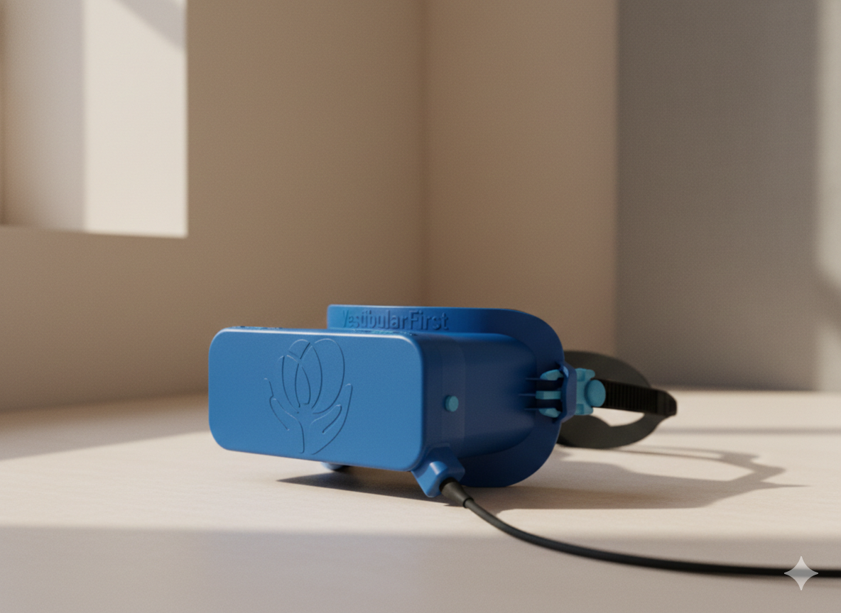 A pair of blue infrared goggles used for vestibular assessment placed on a white surface near a wall, with a cable attached to it and a partial view of a window in the background.