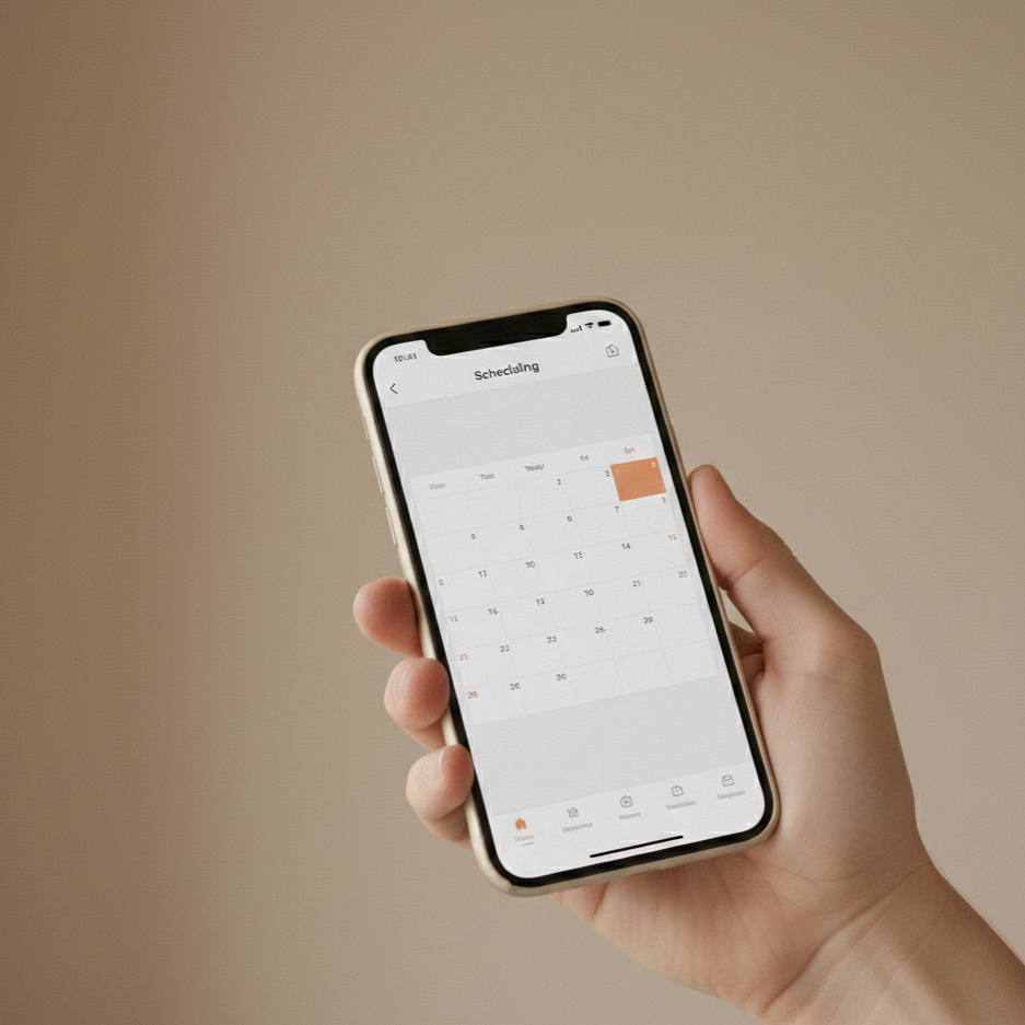 Person holding a smartphone displaying a scheduling app with a calendar view for September.