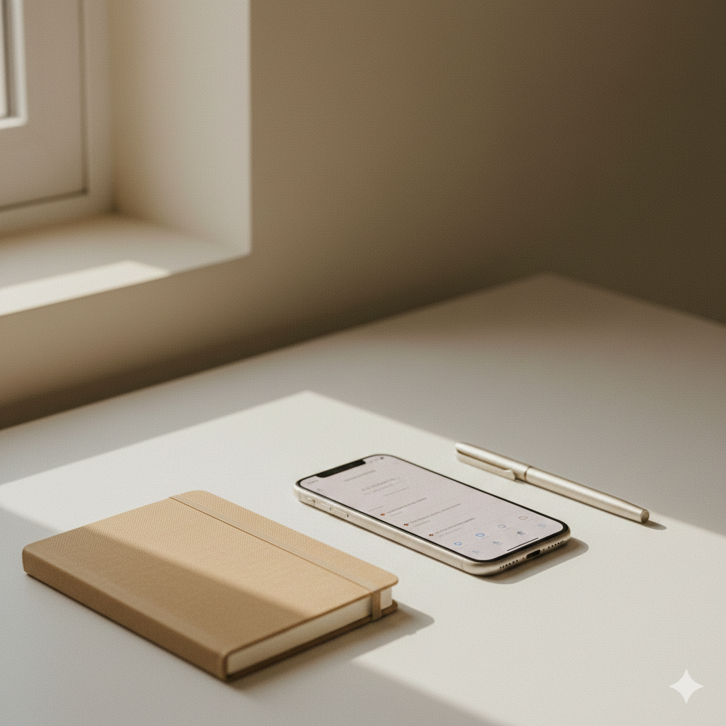 A white desk near a window with sunlight, featuring a closed beige notebook, a smartphone with a text messaging app open, and a white pen.