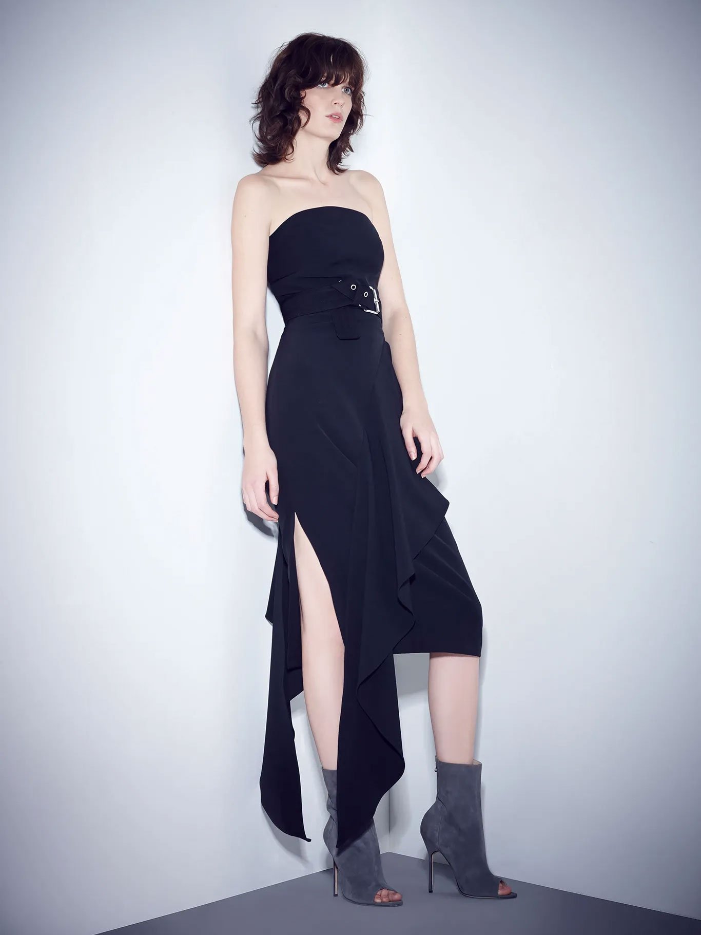 Woman in strapless black dress