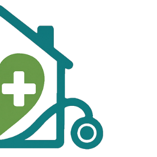Healthcare and medical icon with a house, medical cross, and stethoscope.