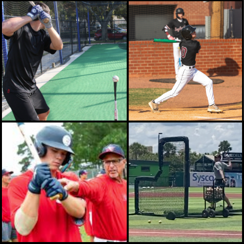 Top left: person practicing baseball batting on a green outdoor batting cage. Top right: baseball player swinging at a pitch near a brick wall. Bottom left: coach giving instructions to a young baseball player holding a bat. Bottom right: baseball practice with a pitching machine on the field near the dugout.