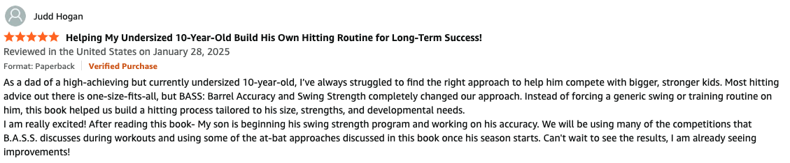 Book review titled 'Helping My Undersized 10-Year-Old Build His Own Hitting Routine for Long-Term Success' by Judd Hogan, dated January 28, 2025, discussing a training book for youth baseball, highlighting improvements in barrel accuracy and swing strength.