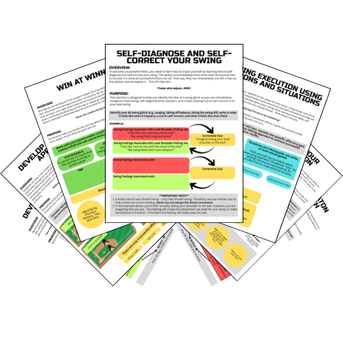 Set of printed golf swing training sheets with instructions, diagrams, and color-coded sections for self-diagnosis and correction.