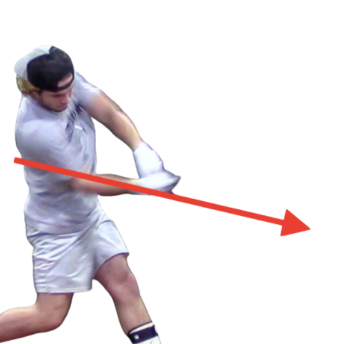 A male golfer in a light gray shirt and shorts swinging a golf club. An orange line indicates the direction of the swing.