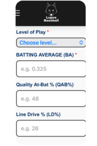 Mobile app interface for Lupos Baseball with fields to select level of play, enter batting average, quality at-bat, and line drive percentage.