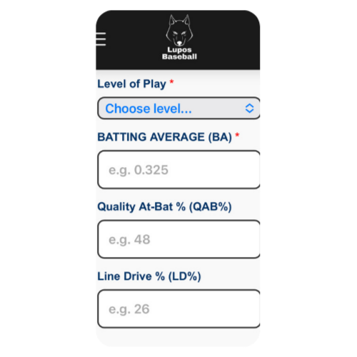 Mobile app interface for Lupos Baseball, showing input fields for level of play, batting average, quality at-bat percentage, and line drive percentage.