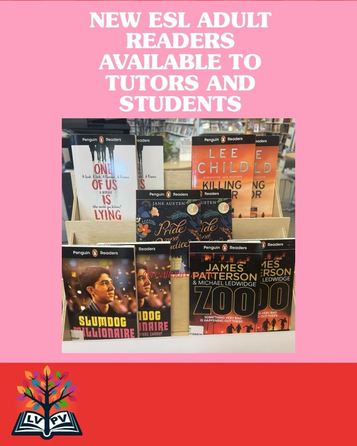 Looking for something new for you and your student? LVPV offers leveled readers of popular novels written at a level that your ESL student can understand. We offer multiple copies so that you can each take a copy home to read and then discuss at your