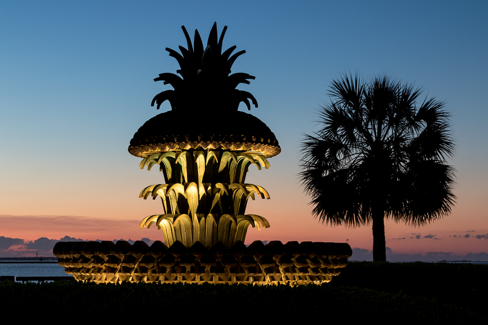 Silhouette of a pineapple-shaped sculpture illuminated at sunset, with a palm tree in the background. Charleston's Waterfront Park. Pineapple Fountain. Photography Classes in Charleston SC. Camera Classes in Charleston SC