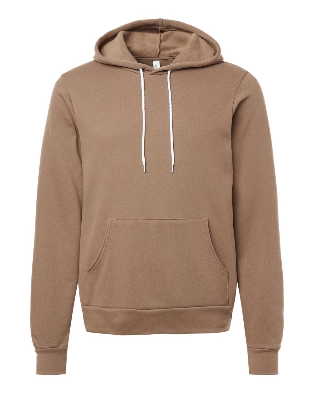 Beige hooded sweatshirt with white drawstrings and front pocket.