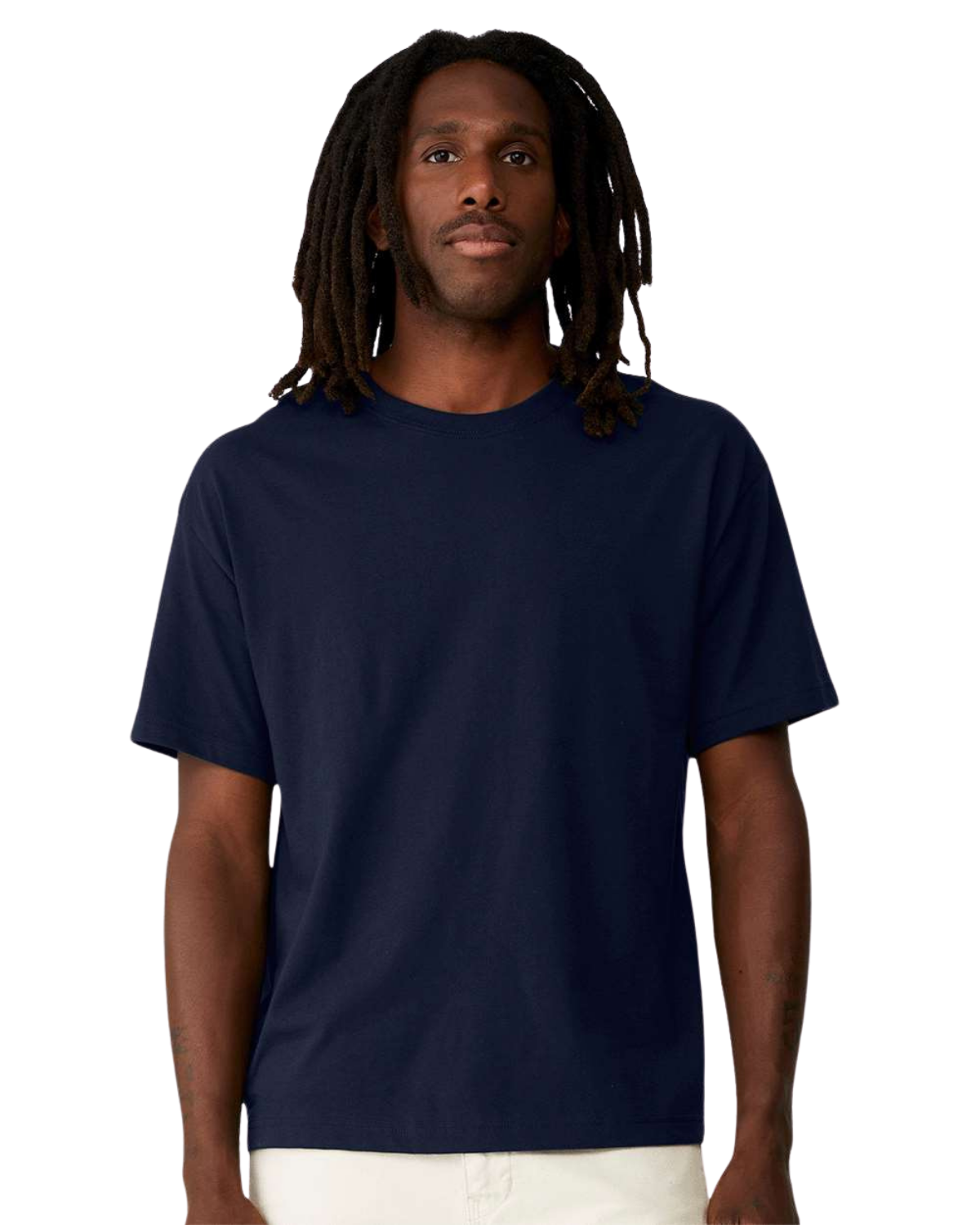 A navy cropped t-shirt on a model.