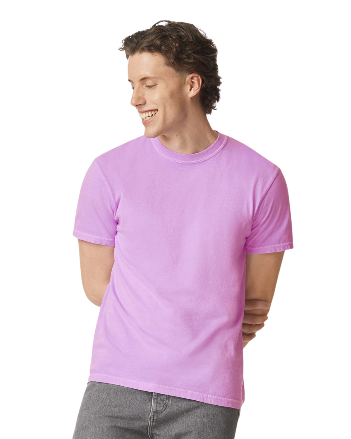 A pink t-shirt on a model.