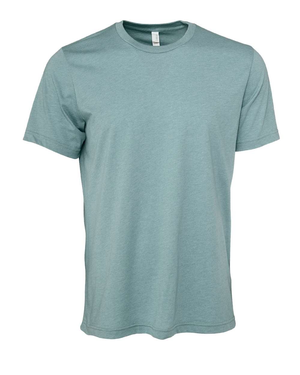 A plain light blue T-shirt with short sleeves and a crew neckline.