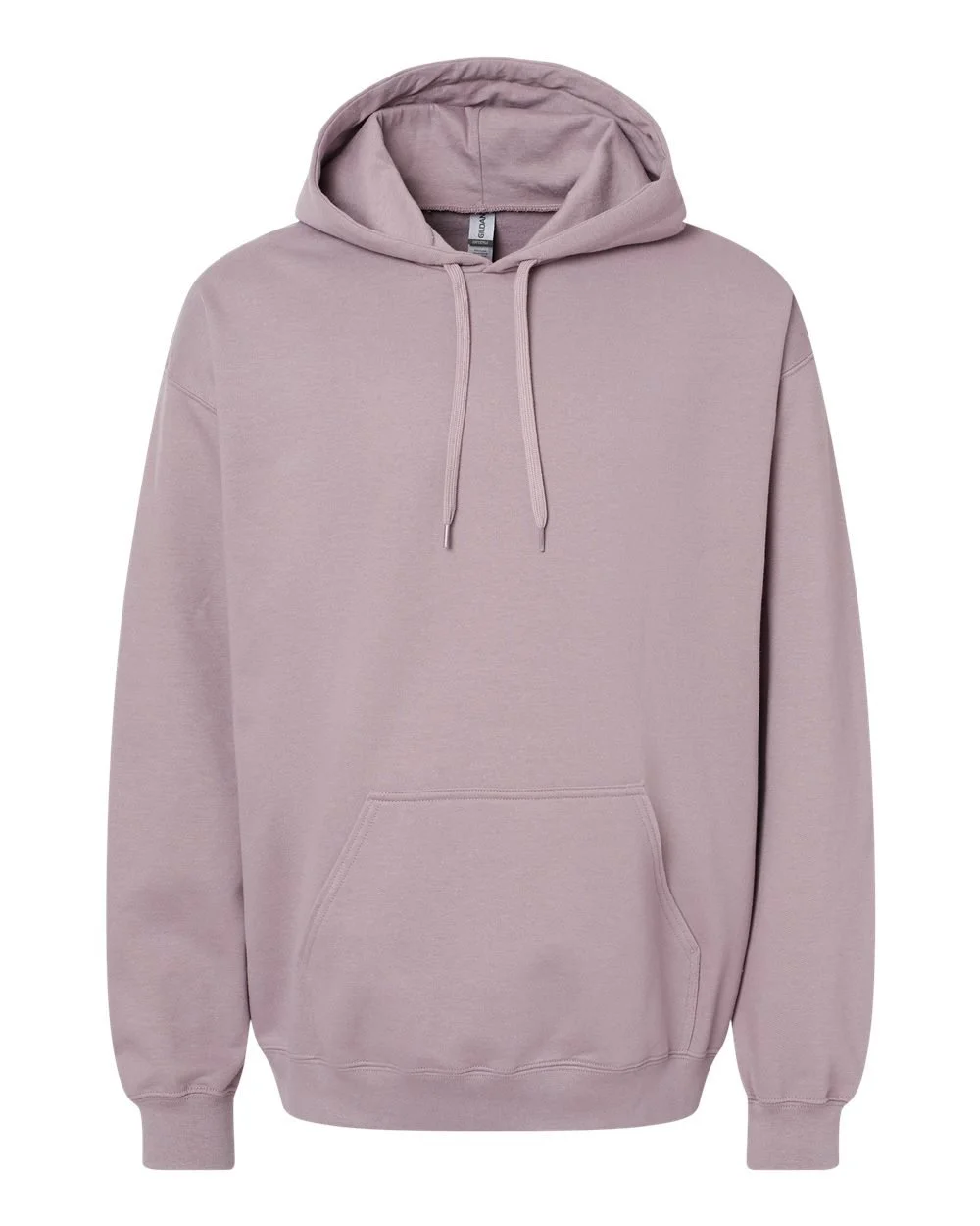 A plain pink hoodie with a front pocket and drawstring hood.