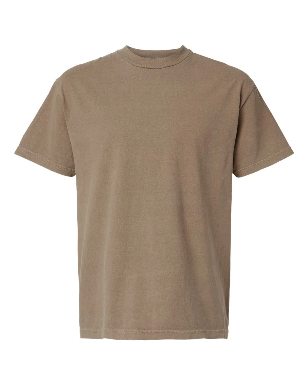 Beige short-sleeve t-shirt against a white background.
