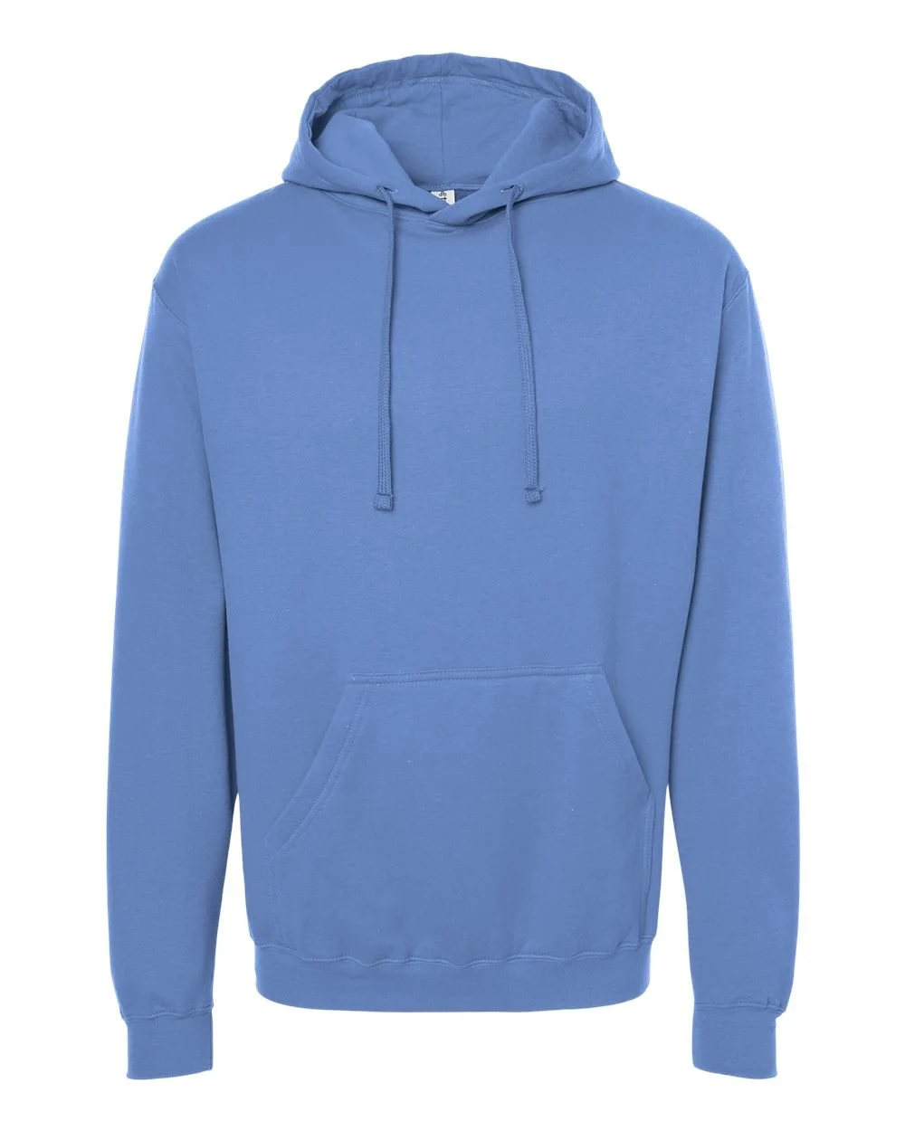A plain blue hooded sweatshirt with a front pocket on a white background.