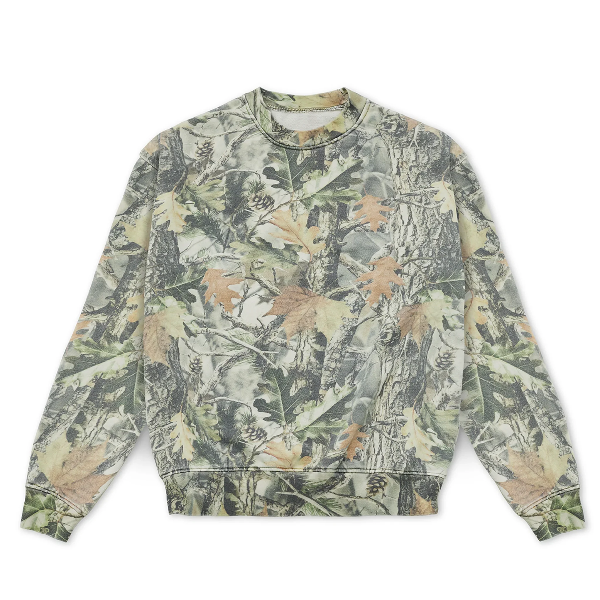 Camouflage pattern sweatshirt with leaves and tree bark design.