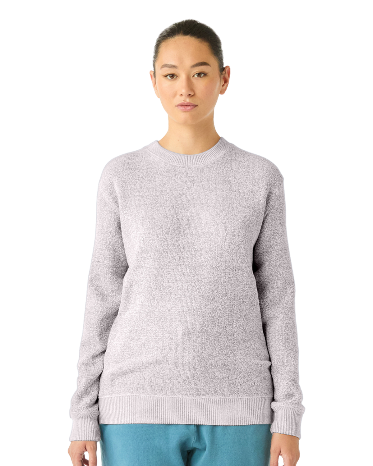 A grey and black crewneck sweatshirt on a model.