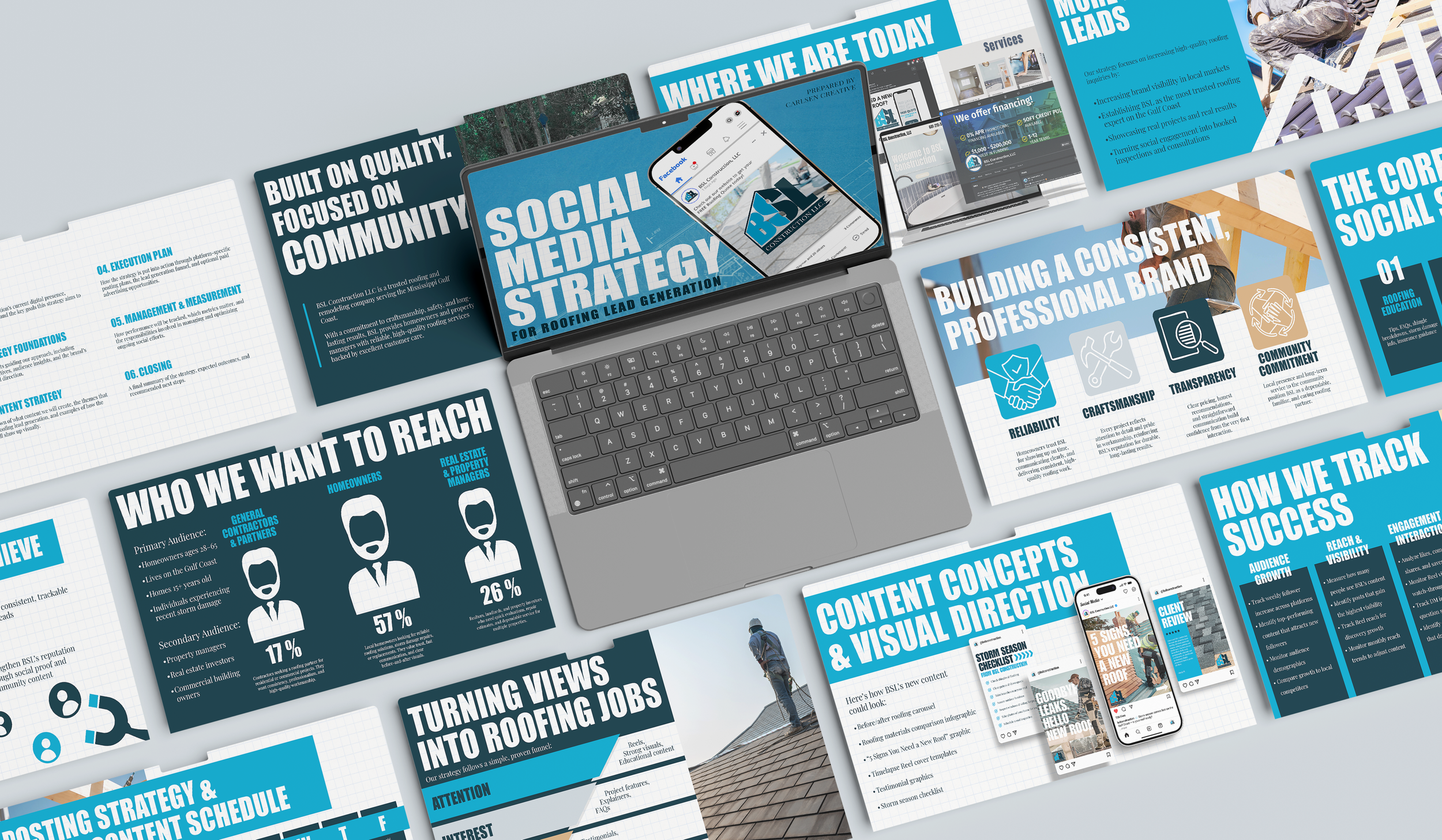 Collection of presentation slides and digital content about roofing company strategy, social media plan, branding, and project management, arranged on a table with a laptop and smartphone.