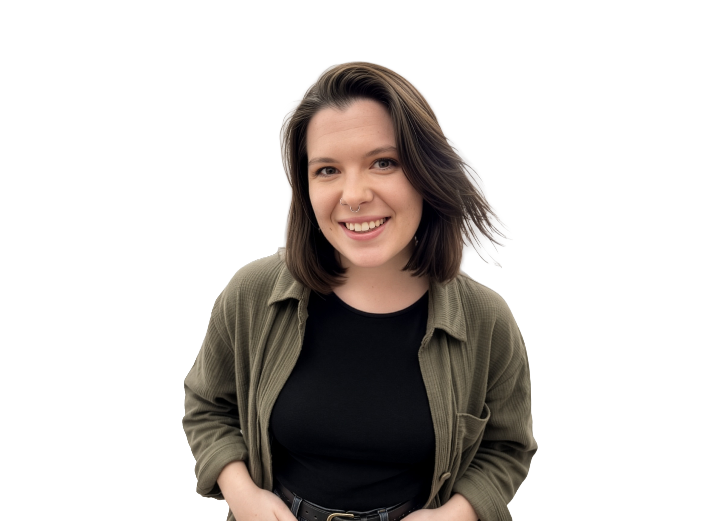 A young woman with shoulder-length brown hair, smiling, wearing a black shirt and an olive-green button-up shirt, standing outdoors.