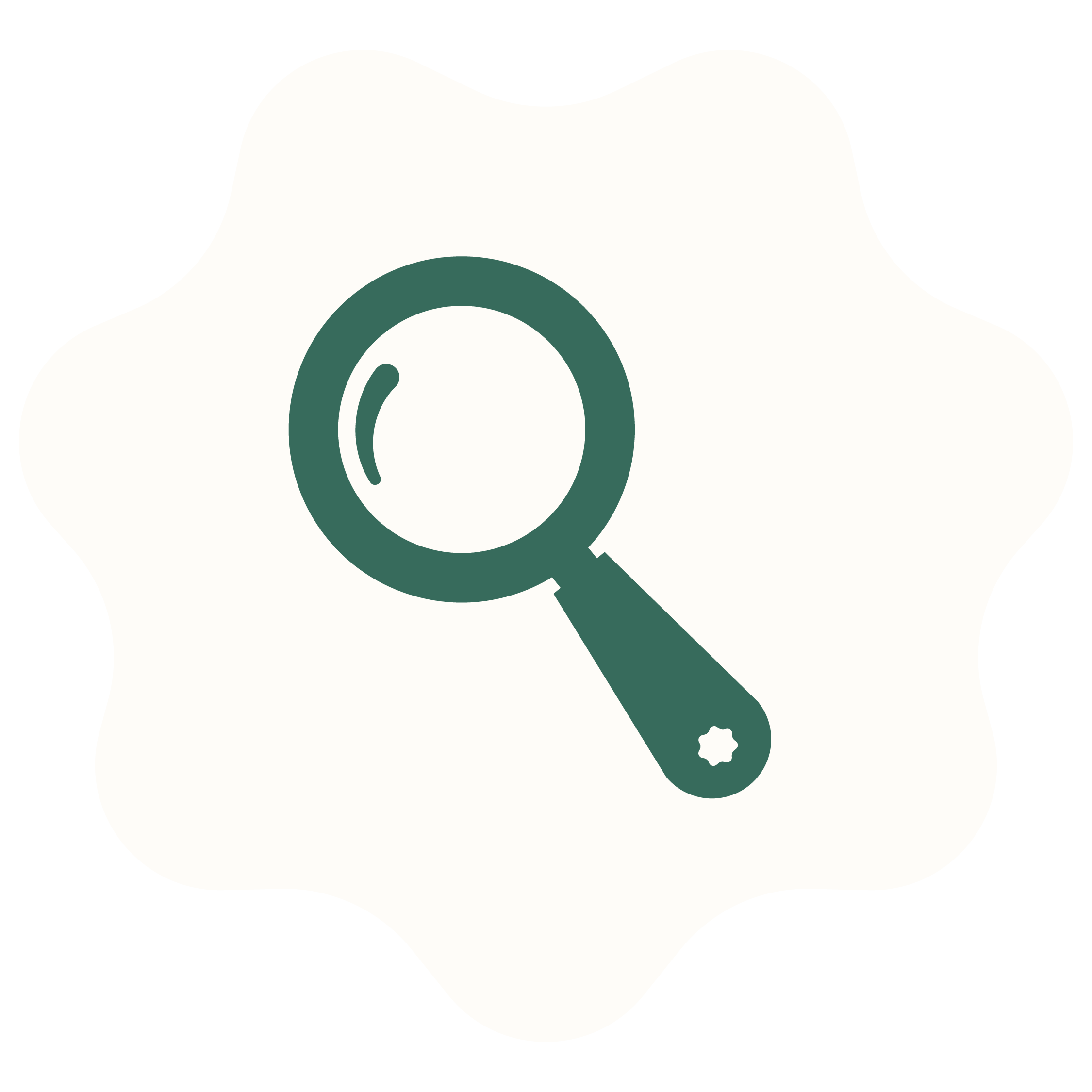 Magnifying glass icon with a black outline, set against a white background with a wavy border.