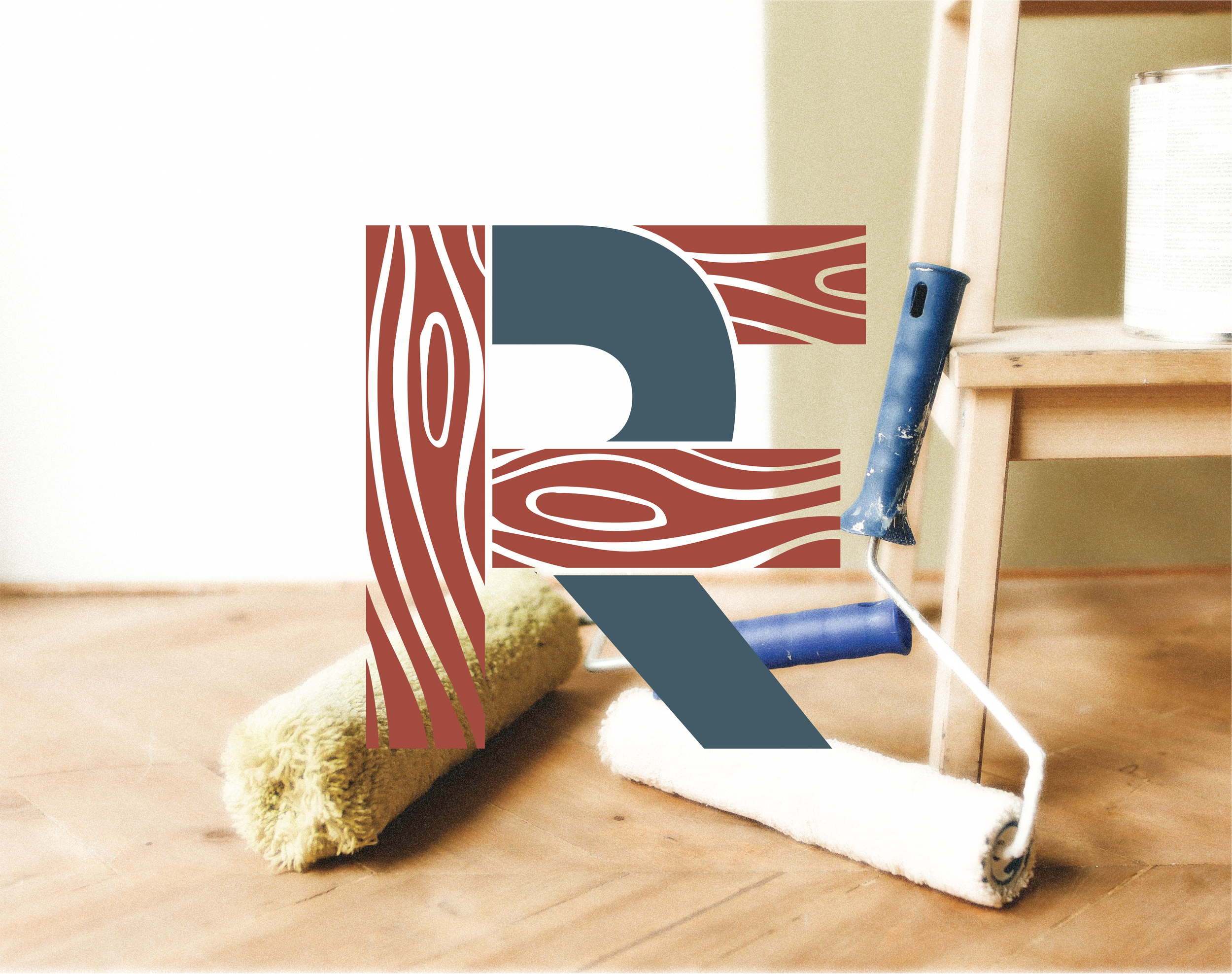 A wooden floor with paint roller and mop placed against a small wooden table, and a large letter R with a wood grain texture overlaid on the image.