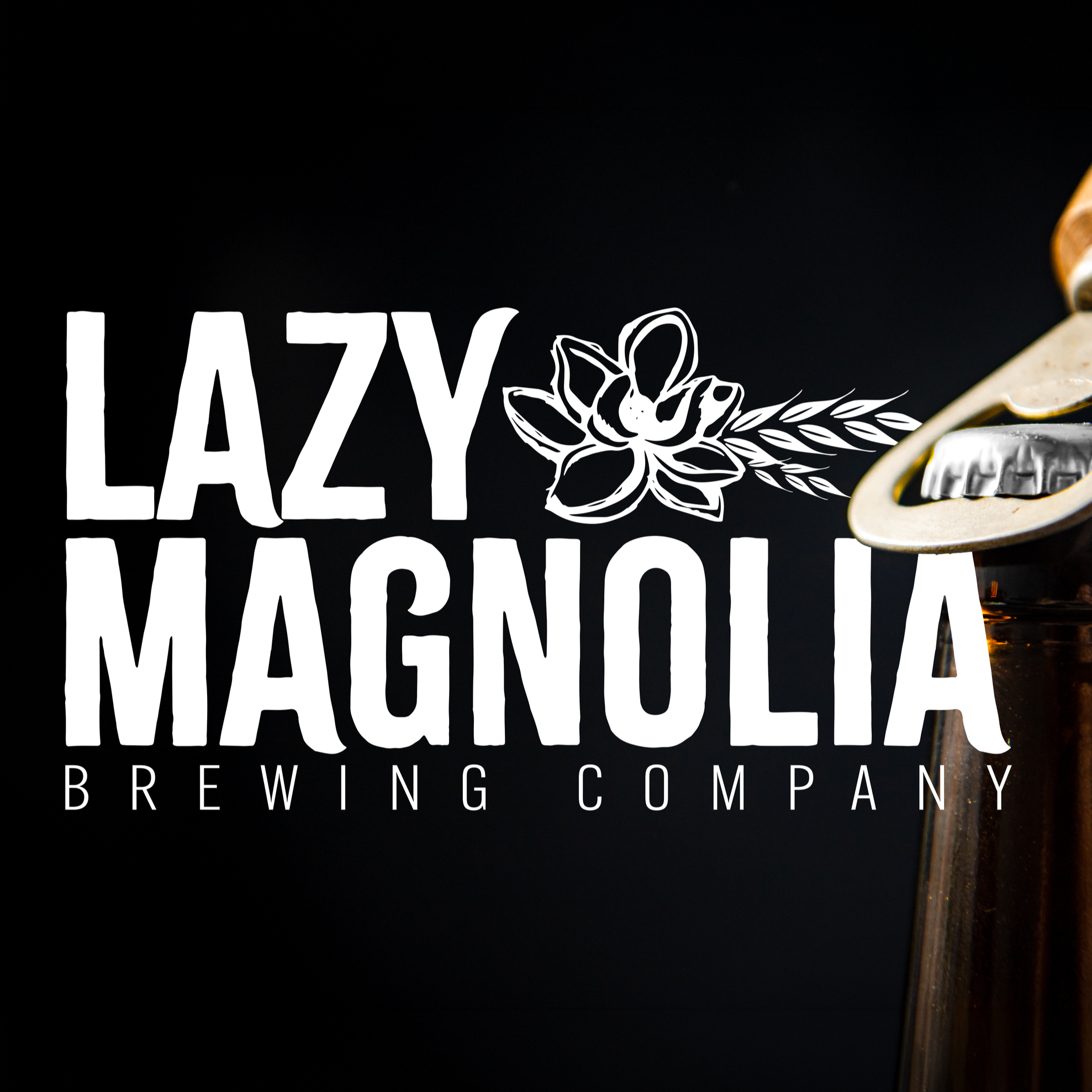 Logo for Lazy Magnolia Brewing Company featuring white text with a hop flower illustration on a dark background, part of a bottle opener on the right side.