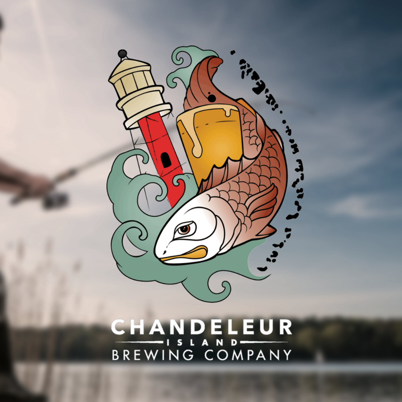 Logo of Chandeleur Island Brewing Company featuring a stylized fish with a lighthouse and beer in it against a cloudy sky background.