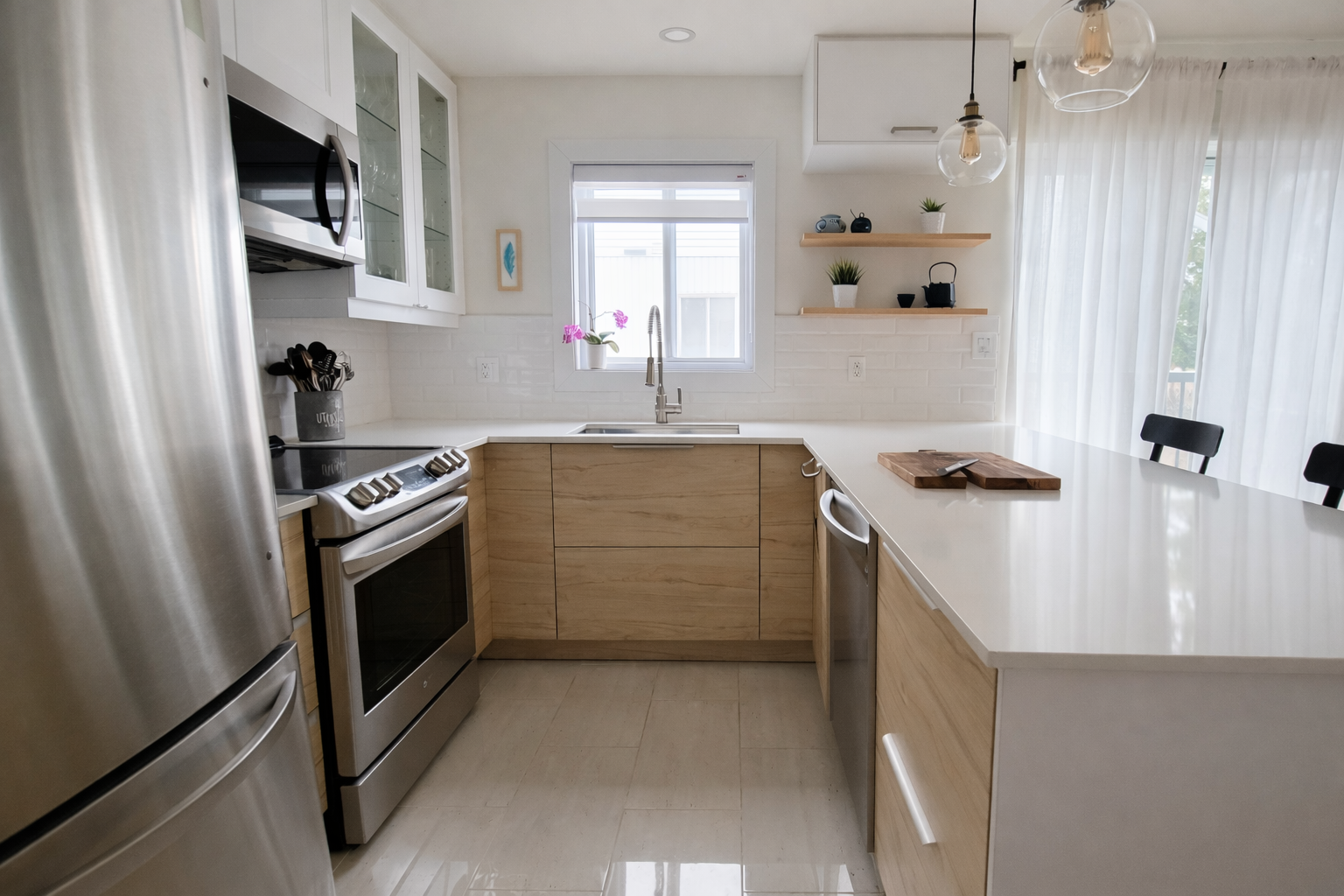 Contemporary kitchen featuring natural maple wood slab cabinetry, white quartz countertops, stainless steel appliances, and a white subway tile backsplash.