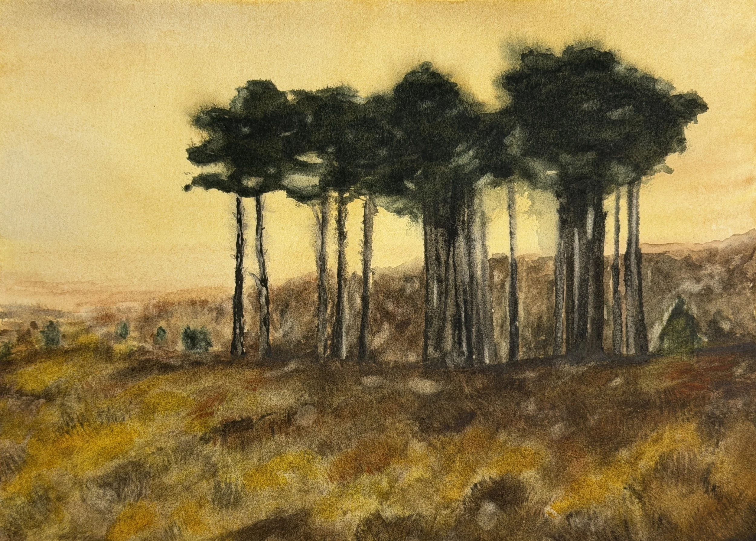 trees tonalism watercolor painting