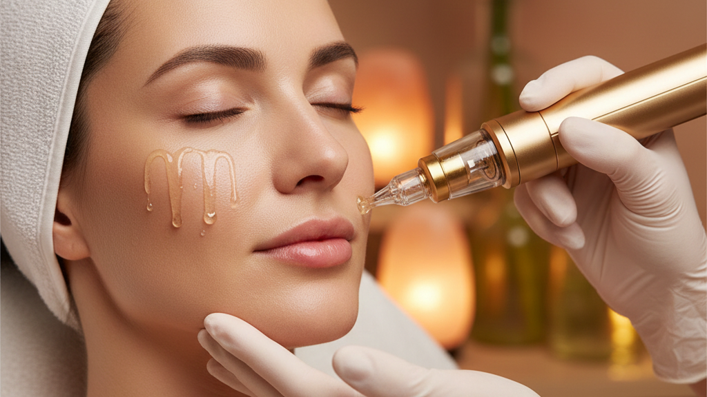 A woman with closed eyes receiving a facial treatment with a golden device, with a beige cream or serum applied to her cheek.