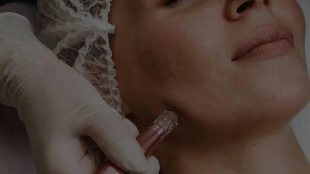Close-up of a person receiving a Microneedling facial n her face while lying down, wearing a protective hair cap, with a gloved hand administering the treatment.