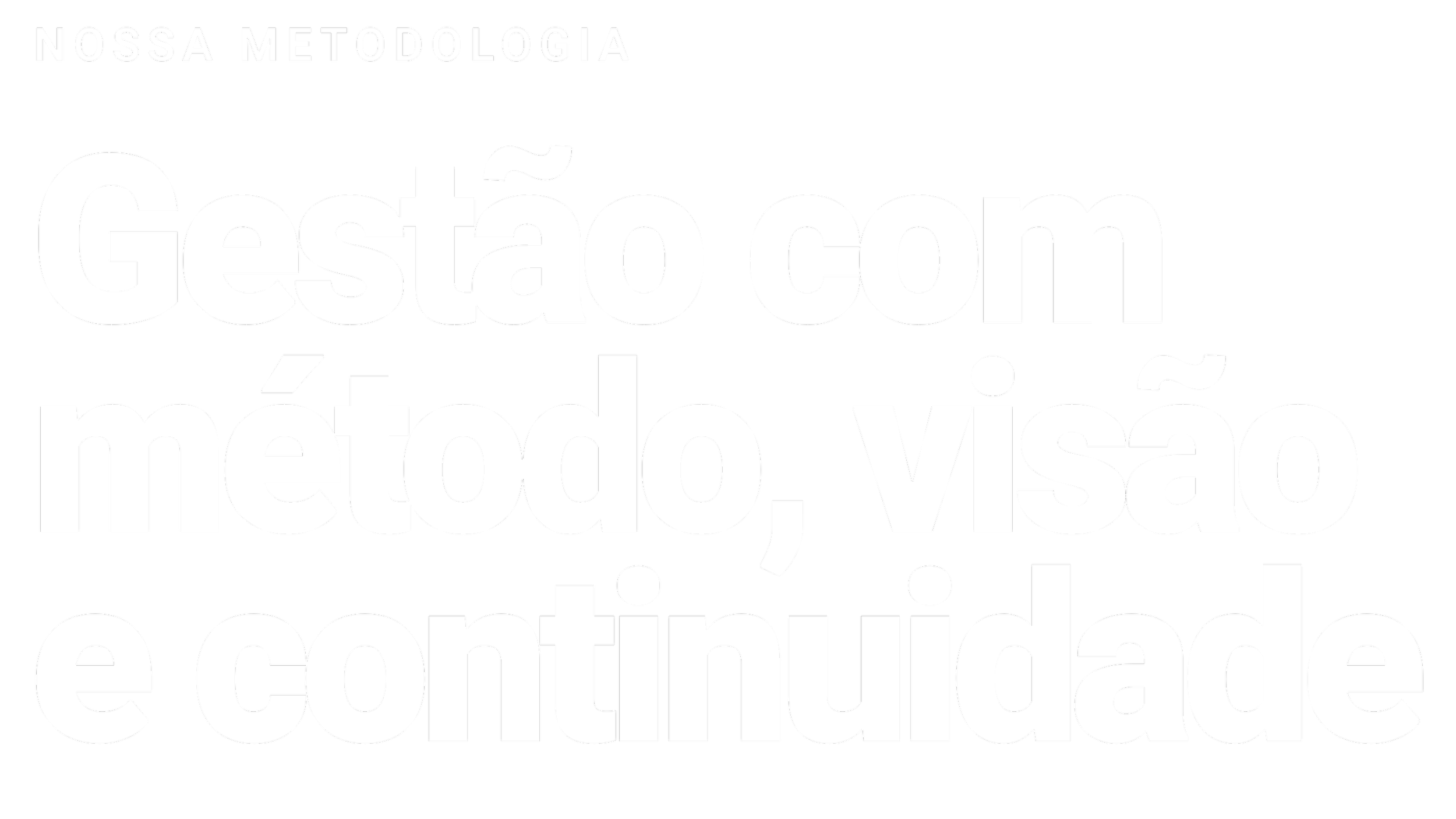 Texto em português que diz: Nossa metodologia, Gestão com método, visão e continuidade, em destaque em fundo preto.