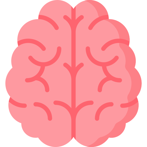 A cartoon illustration of a human brain in pink with abstract lines.