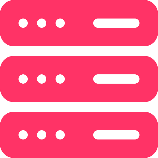 Graphic icon of three pink server racks with black circular and rectangular shapes representing servers