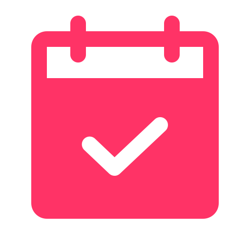 Pink calendar icon with a black checkmark