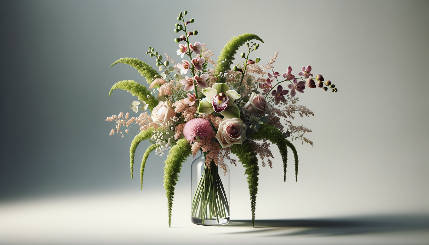 Elegant flower arrangement in a glass vase with pink roses, orchids, and greenery against a neutral background.