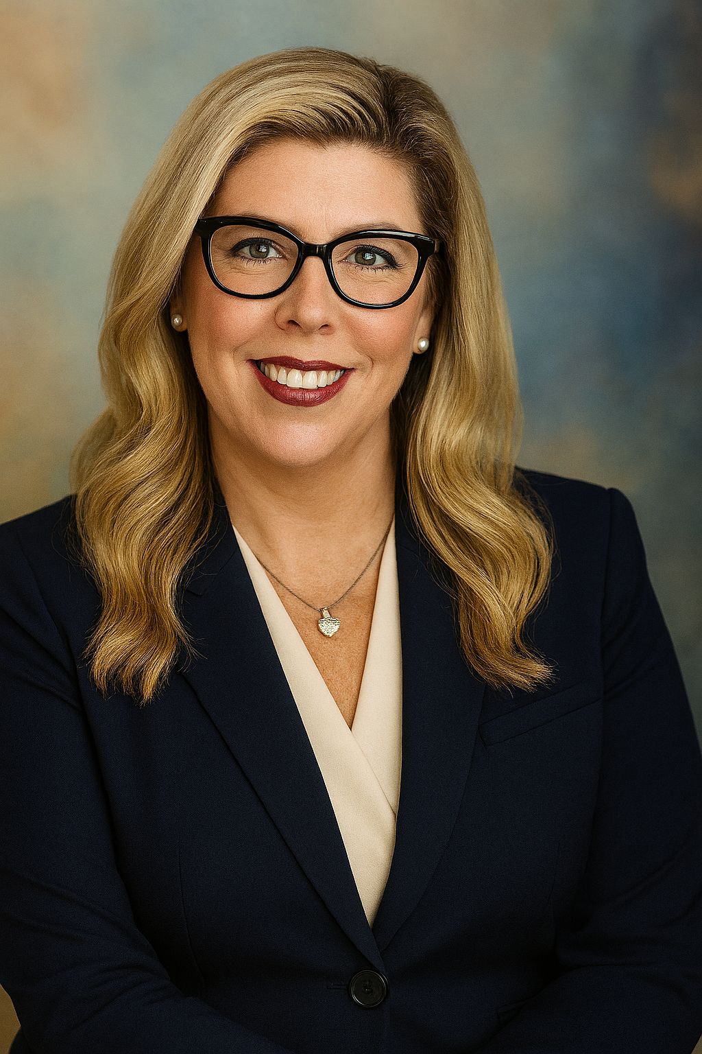 A portrait of a professional woman with blonde hair, glasses, and a warm smile, wearing a dark blazer, a cream blouse, and a heart-shaped necklace, against a soft, multicolored background.
