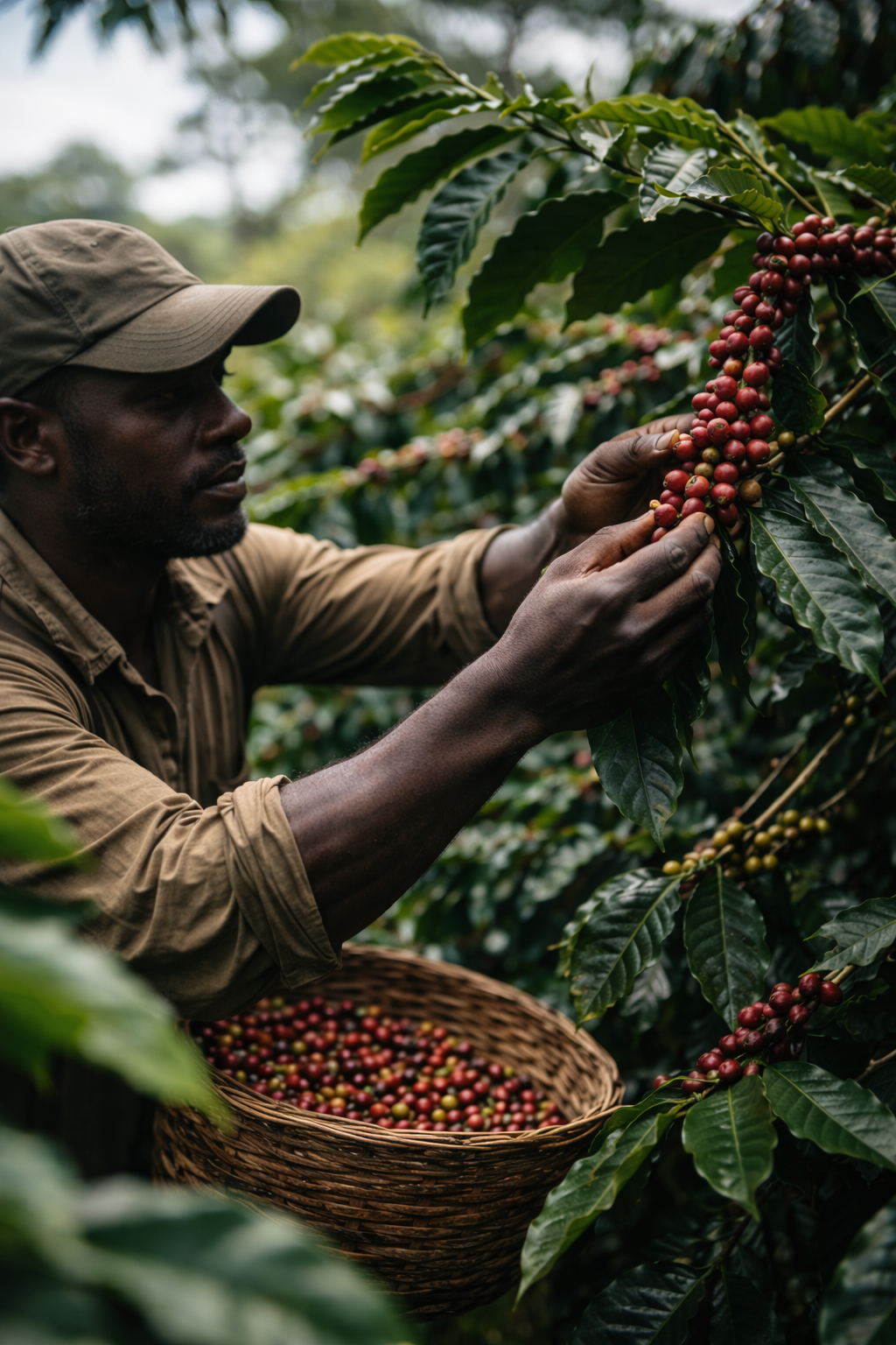 A man harvesting ripe coffee cherries from a coffee plant in a lush, green plantation, with a wicker basket filled with coffee cherries at his side.