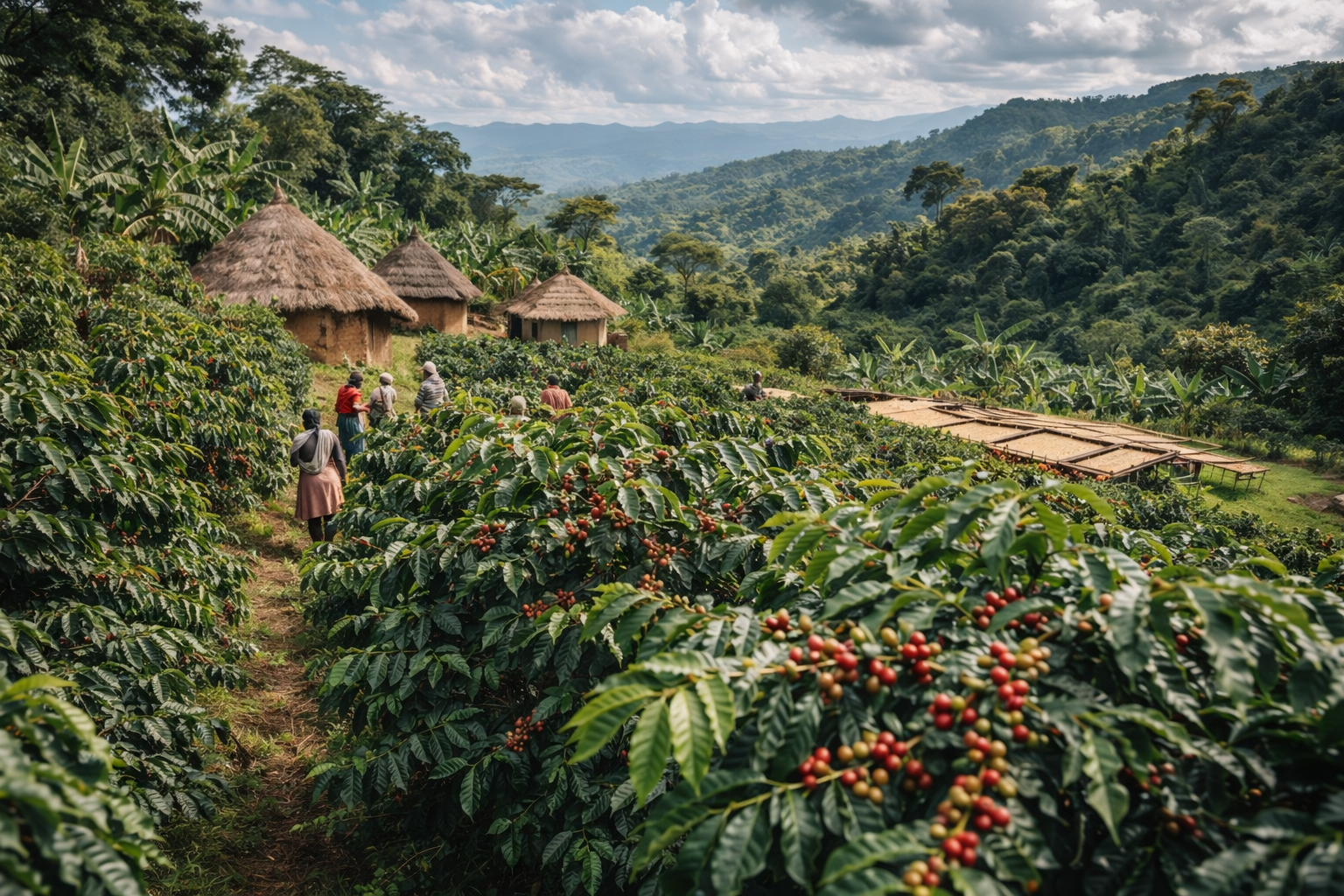 A lush coffee farm with workers harvesting coffee cherries, traditional thatched-roof huts, and green mountains in the background.