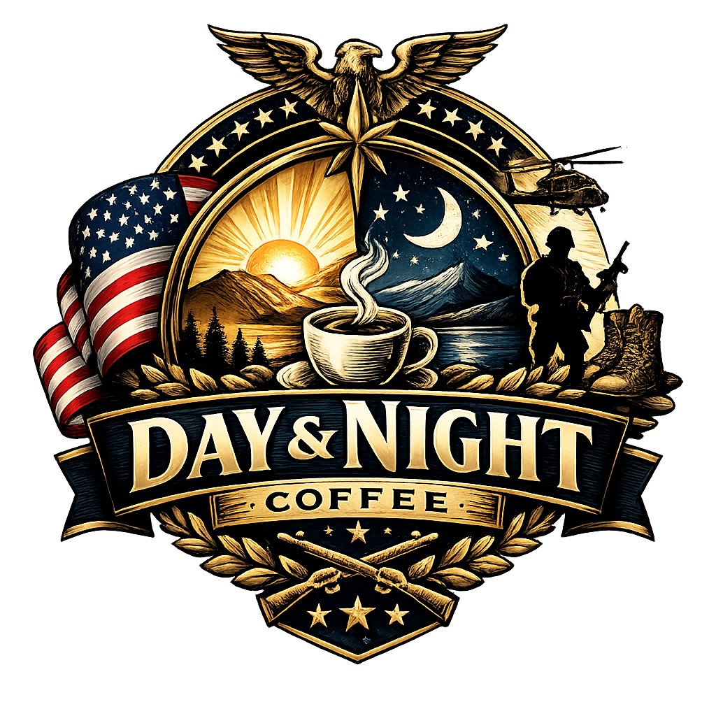 A decorative logo for DAY & NIGHT Coffee featuring a sunrise and mountain landscape, a crescent moon and stars, a steaming coffee cup, an American flag, a soldier with a rifle, a helicopter, and an eagle at the top, surrounded by laurel leaves, with crossed rifles at the bottom.